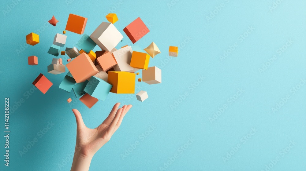 Poster a hand reaches out as colorful geometric blocks float above, creating a playful and vibrant scene ag
