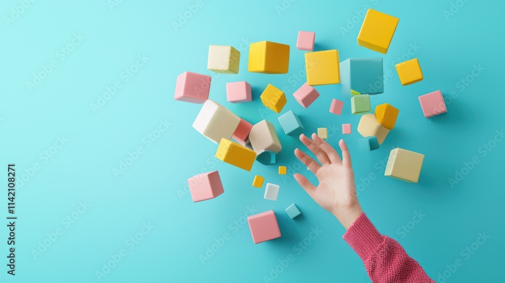 Aufkleber a colorful array of building blocks appears to float above a hand reaching out, set against a bright