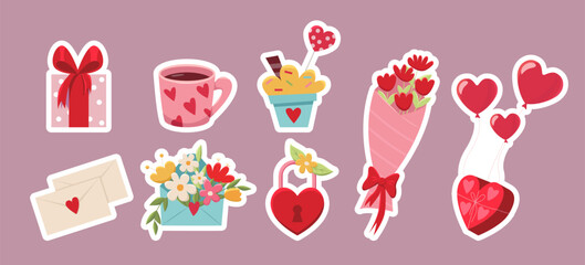 Valentine's day elements set. Gift box, mug, heart, sweets, bouquet of flowers, romantic message, lock. Vector illustration for stickers, greeting cards.