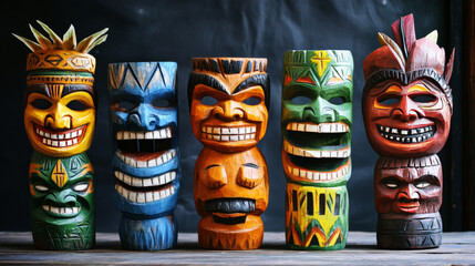 Tiki mask cartoon vector illustration set. Collection of brightly decorated colored wooden face elements of Hawaiian ethnic tribal peoples. Totem traditional decorative cultural statues ofs.
