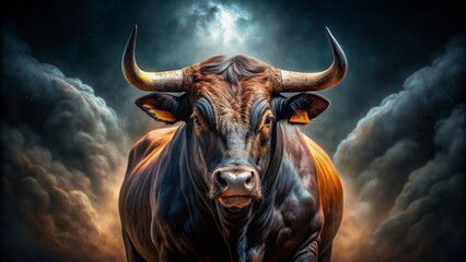 Cinematic Bull, Medium Shot, Dramatic Lighting, Powerful Animal, Dark Background,  Fierce Gaze