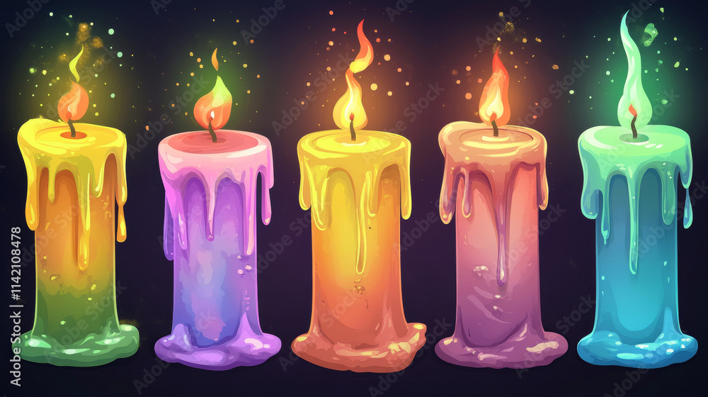 Poster cartoon burning candles in candlestick motion sequence animation, sprite movement, glowing lights wi