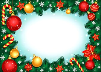 Naklejka premium Christmas background with garland, ornaments, stars, and red and gold glitter decorations. Perfect for holiday banners and party posters