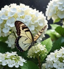 Tiny butterfly dancing on a big white hydrangea with raindrops , garden scene, tiny butterfly, macro photography