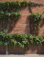 Fototapeta premium The entire brick wall is adorned with vines and climbing plants, stone walls, natural elements