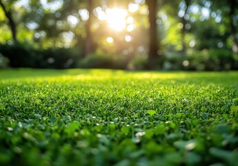 Naklejka premium Lush Green Grass Close-Up with Sunlight Streaming Through Trees in a Peaceful Natural Environment, Perfect for Nature-Themed Projects and Backgrounds