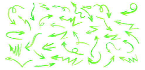 Neon green arrows set. Wax crayon drawing grafitti elements in acid green color. Collection of vector charcoal outline symbols of direction indicators. Graffiti lightning icons Children drawing style.