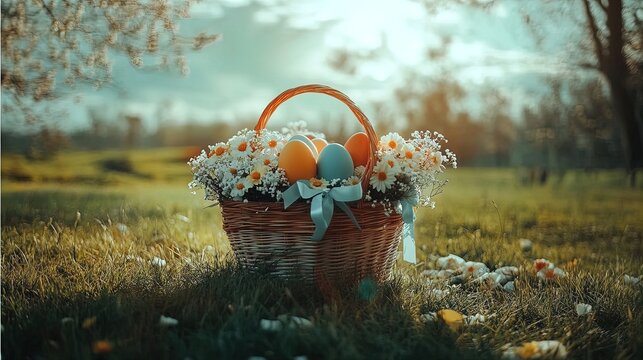 charming wicker basket with colorful easter eggs, fresh flowers, and ribbons – perfect poster for spring-themed decor or sporty home interior!