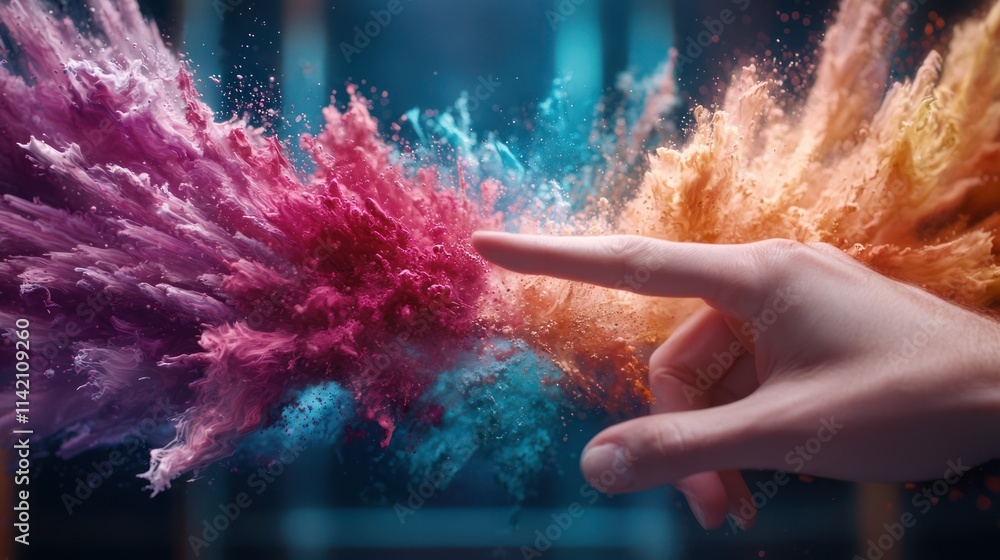 Poster a vibrant explosion of color emerges from a hand, symbolizing creativity and interaction between art