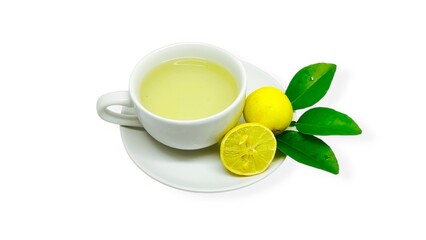 A cup of lemon wedang or lemon tea in a cup and saucer served with lemon slices on a white background. A cup of hot lemon juice for health.