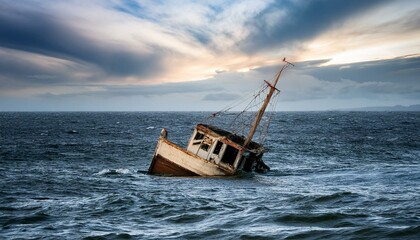 Generated 물속에 반쯤 가라앉은 작은 배, 파도 위로 흔들리는 반파된 배의 일부mage