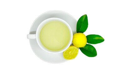 A cup of lemon wedang or lemon tea in a cup and saucer served with lemon slices on a white background. A cup of hot lemon juice for health.
