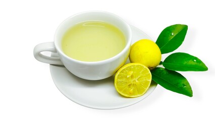 A cup of lemon wedang or lemon tea in a cup and saucer served with lemon slices on a white background. A cup of hot lemon juice for health.