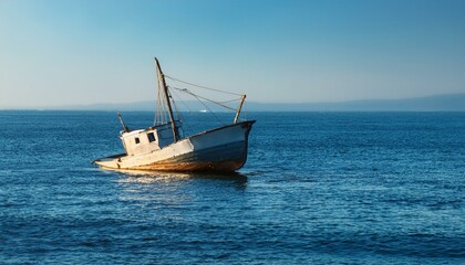 Generated 물속에 반쯤 가라앉은 작은 배, 파도 위로 흔들리는 반파된 배의 일부mage