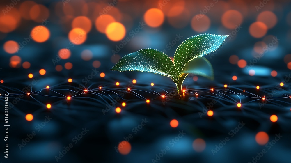 Poster vibrant green seedling growing in dark soil with shimmering lights and bokeh background effect