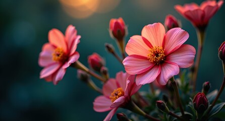 Primroses (Spring) – Soft pastel-colored primroses in a delicate spring scene, with red and black tones, golden fireflies, and festive party lights in the background. 