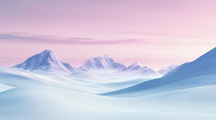 Fototapeta premium A landscape of snow-covered mountains under a pastel-colored sky, evoking a sense of ethereal beauty.