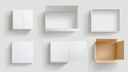 White closed and open cardboard box mockup top angle view. Realistic vector illustration set of blank carton package for delivery or gift concept. Rectangular low paper pack with cover mock up.