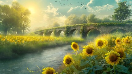 Fototapeta premium A countryside landscape with golden fields of sunflowers under a glowing sunrise, surrounded by peaceful rolling hills and soft morning light.