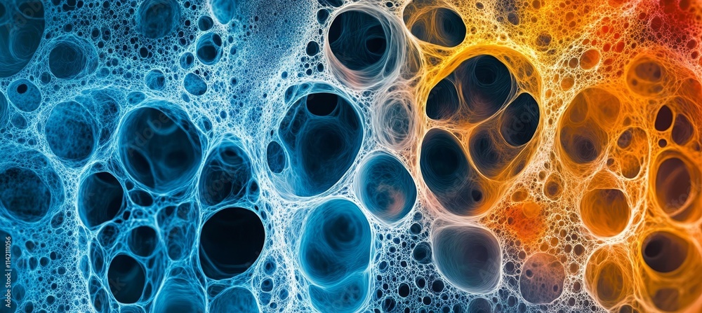 Poster vibrant microscopic abstract background with interconnected cellular structures in orange and blue