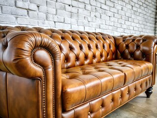Obraz premium Close-Up Brown Leather Tufted Sofa Against White Brick Wall - Interior Design Photography