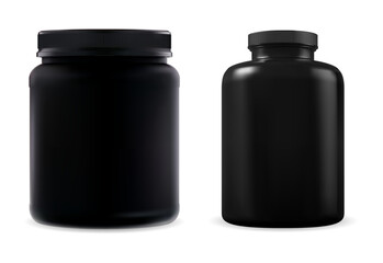Black plastic sport supplement bottle set. Medical pill jar vector mockup. Whey protein sport nutrition packaging mock up. Vitamin capsule box template. Prescription remedy bottle blank