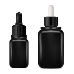 Black glass cosmetic serum dropper bottle set. Pipette jar vector mockup. Essential oil drop vial. Collagen essence eyedropper bottle, realistic template blank. Eye or face skin care