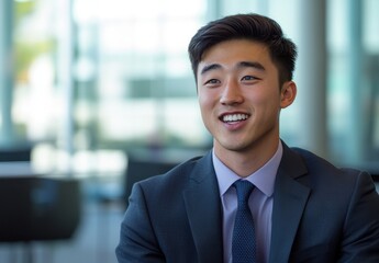 Fototapeta premium Professional young man in a suit smiling confidently in a modern office environment, showcasing positive demeanor and approachability in business setting