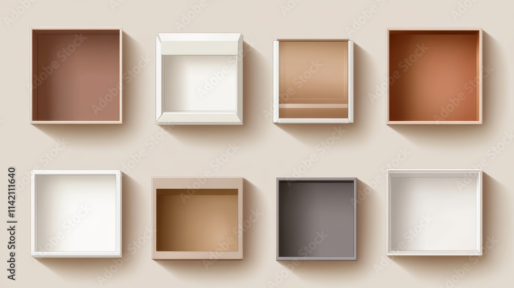 Poster 3d mockup of open white boxes top view. square and rectangle cardboard packages showcasing lids and 