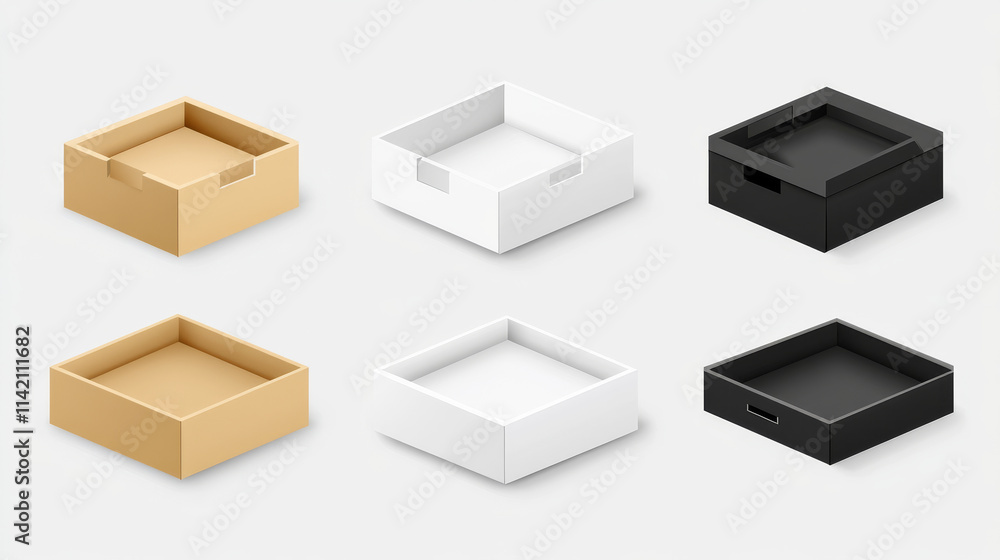Aufkleber 3d mockup of open white boxes top view. square and rectangle cardboard packages showcasing lids and 