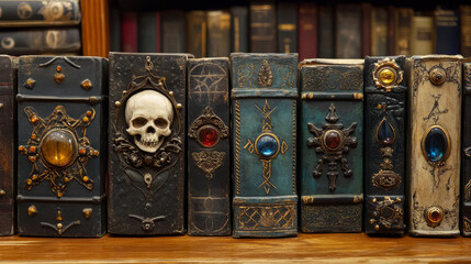 Old magic books with fantasy covers of stone and wood with skull, blood drips, eye symbol and gems. Vintage witches books of spells, vector cartoon illustration