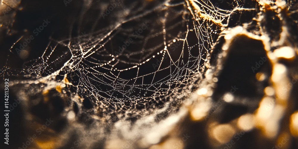 Poster a close-up view of a delicate spider web glistening with dew drops in soft natural light. the intric