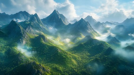 Serene Alpine Valley with Lush Meadows and Fog - Made with Generative AI