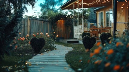 enchanting love garden poster: heart-shaped topiaries and fairy lights for a romantic touch in your home decor