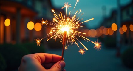  A sparkler emitting bright, sparkling light against an orange and brown background. A high-definition, 4k image with party lights and a celebratory atmosphere.