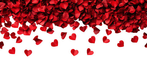 Love valentine background with red petals of hearts falling down on transparent background. Festive banner, card, background. PNG image
