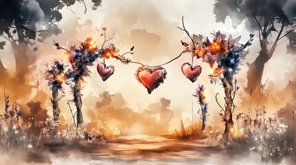 enchanting love garden poster: heart-shaped topiaries and fairy lights for a romantic touch in your home decor