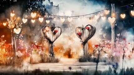 enchanting love garden poster: heart-shaped topiaries and fairy lights for a romantic touch in your home decor
