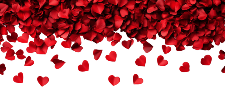 Love valentine background with red petals of hearts falling down on transparent background. Festive banner, card, background. PNG image