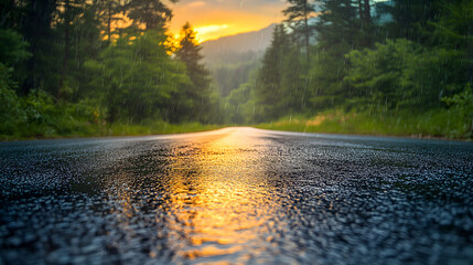 A Tranquil Mountain Forest Scene with Reflections on an Asphalt Road during Summer Evenings After Rain