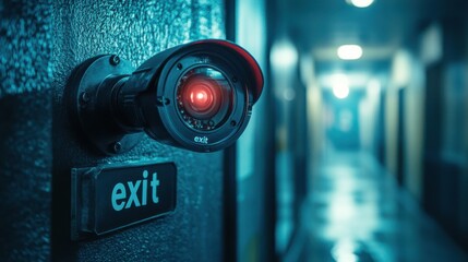 Red glowing CCTV camera mounted on industrial wall in blue hallway, secure building surveillance, safety system, technology device, futuristic monitoring equipment, urban security.