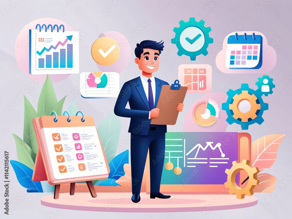 Poster a business professional stands confidently holding a clipboard, surrounded by colorful charts and ge