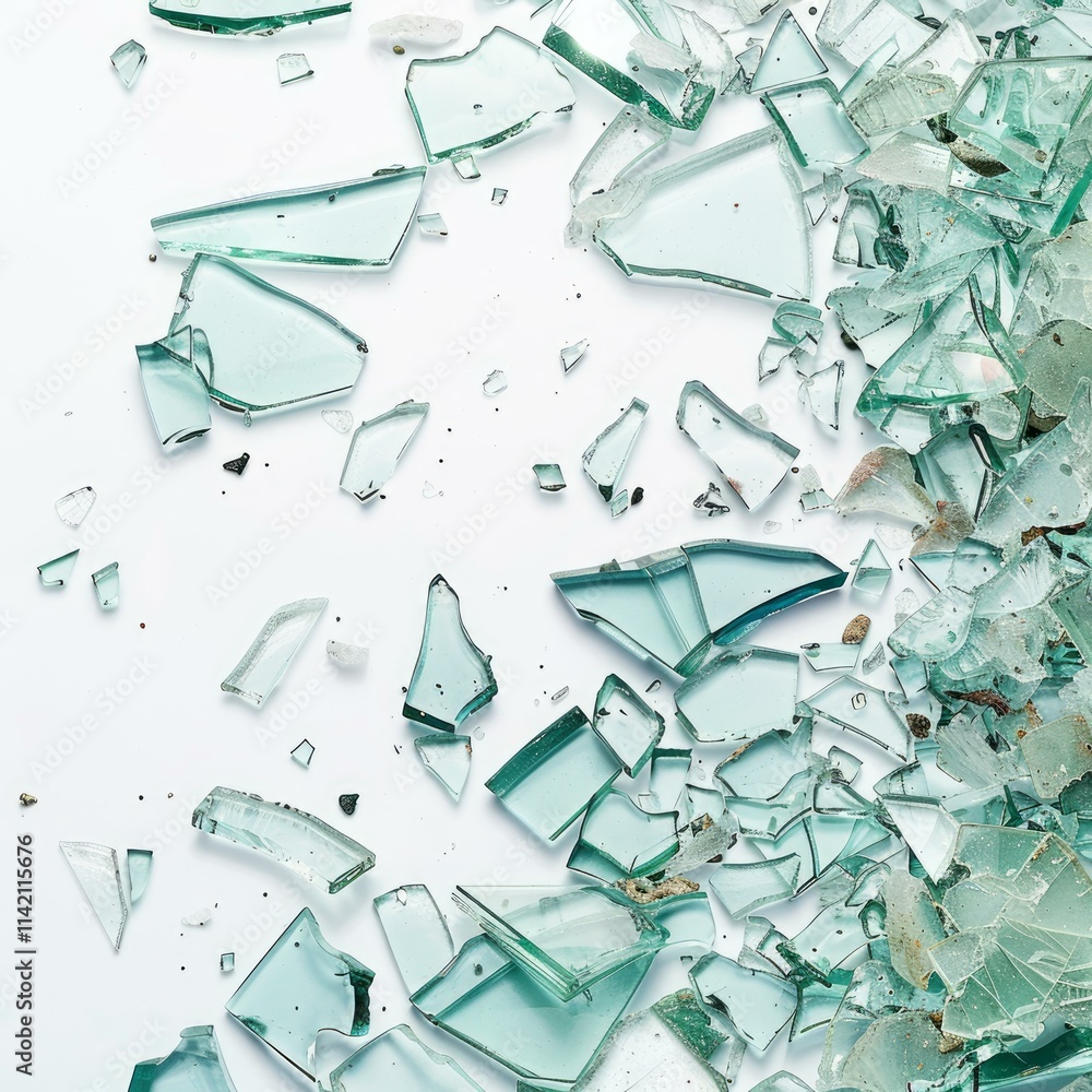 Poster broken glass shards laying on a white background, creating a textured image of destruction