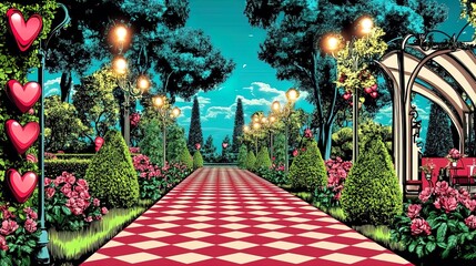 enchanting love garden poster: heart-shaped topiaries and fairy lights for a romantic touch in your home decor