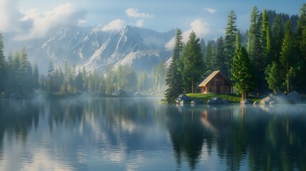 Fototapeta premium A tranquil lakeside cabin surrounded by snow-capped mountains, reflected in still blue waters under a clear morning sky, creating a serene setting.