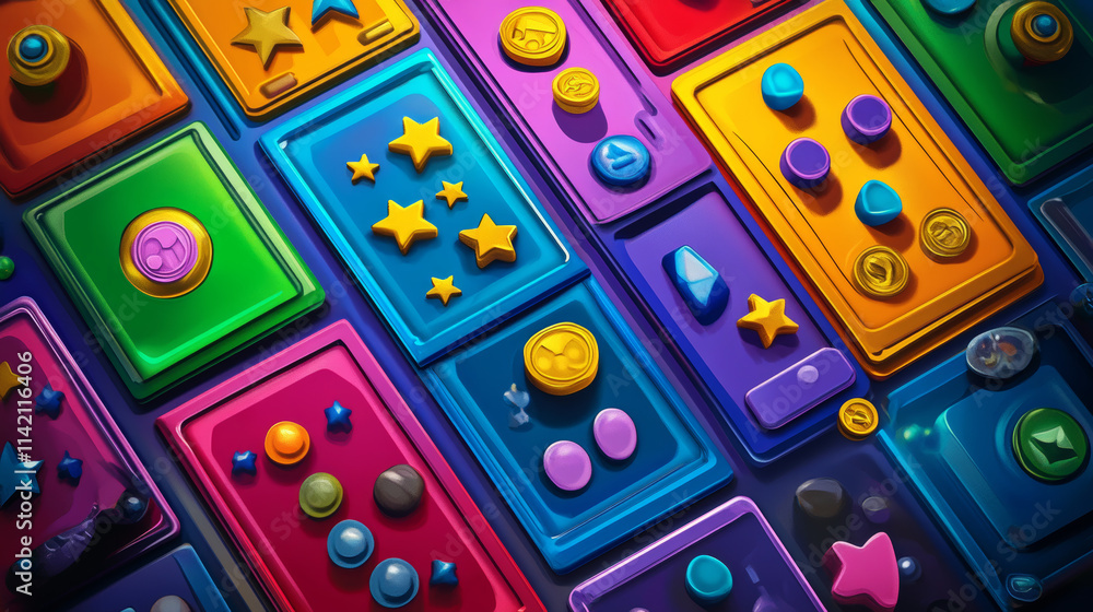 Poster game boards with level score, win and lose banners for ui interface. vector cartoon set of colored p
