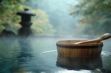 Fototapeta premium Tranquil Japanese Hot Spring Scene with Wooden Bowl in Misty Water Surrounded by Nature and Serenity, Perfect for Relaxation and Meditation Themes