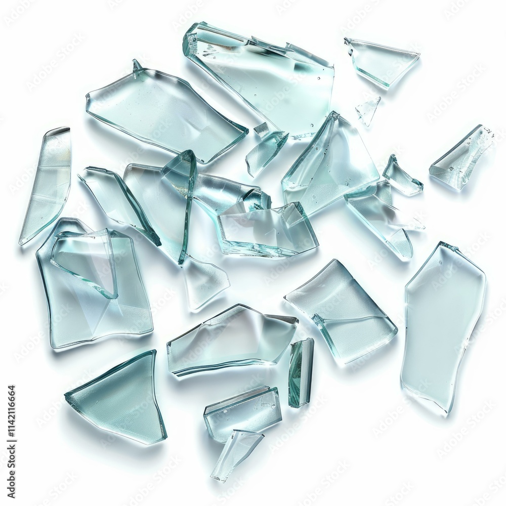 Poster scattering of transparent shards of broken glass is lying on a white background, creating an abstrac