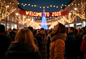 Fototapeta premium A vibrant city square is adorned with twinkling lights, holiday decorations, and a prominent banner that reads Welcome to 2025