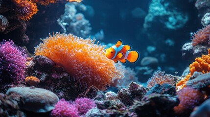 Fototapeta premium Clownfish swimming near vibrant coral reefs, colorful underwater ecosystem, tropical marine life, thriving ocean habitat, aquatic beauty, serene nature photography, biodiversity.